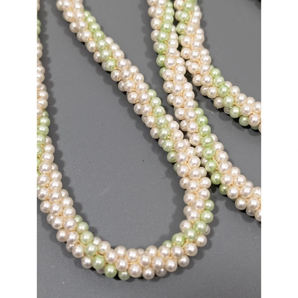 Vintage Green Cream Cluster Woven Faux Pearl Layering Long Necklace‎ 42 in